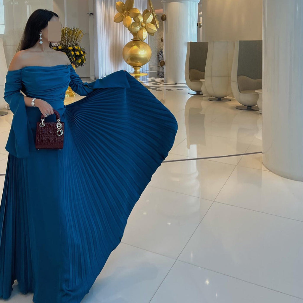 Elegant Blue Off-Shoulder Long Sleeves Evening Dress SF073