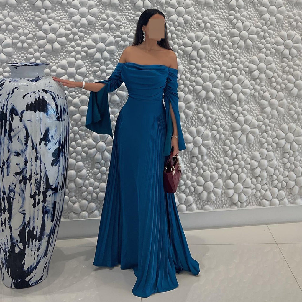 Elegant Blue Off-Shoulder Long Sleeves Evening Dress SF073