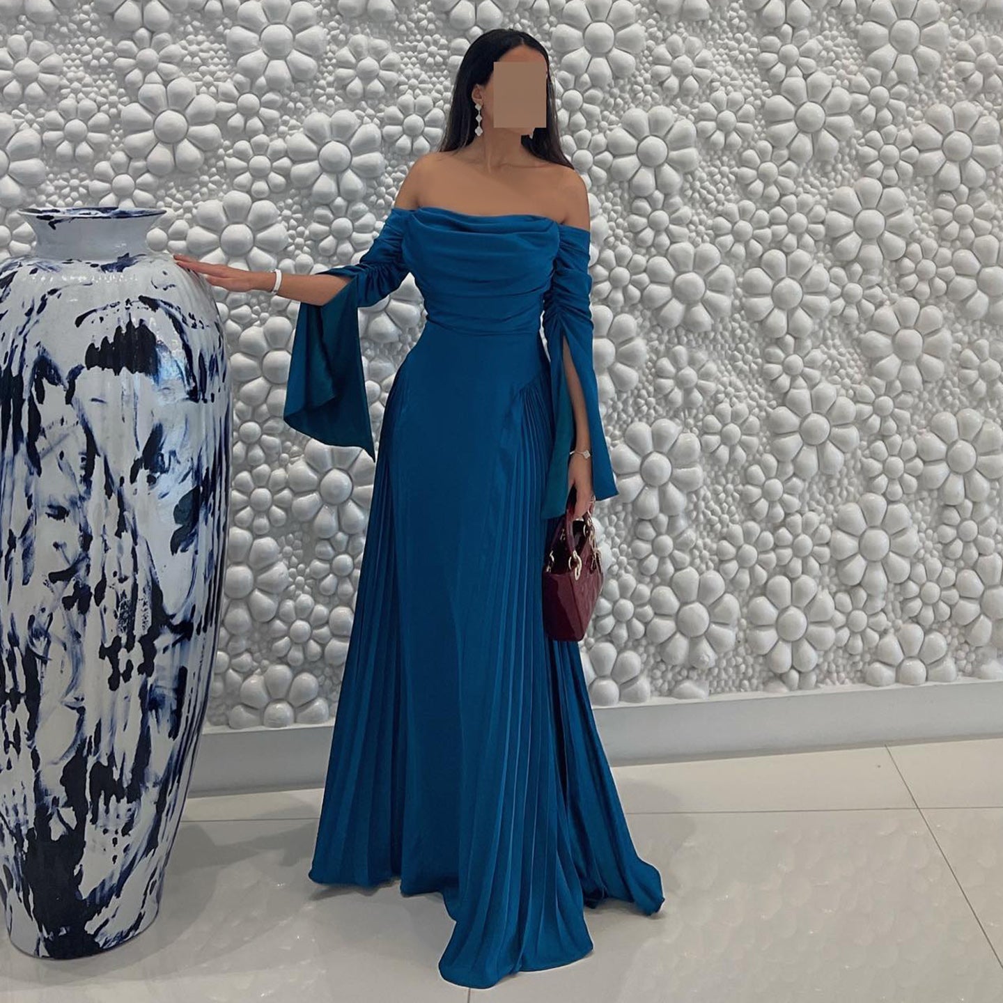 Elegant Blue Off-Shoulder Long Sleeves Evening Dress SF073
