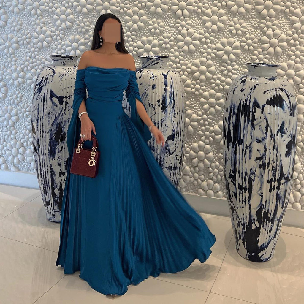 Elegant Blue Off-Shoulder Long Sleeves Evening Dress SF073