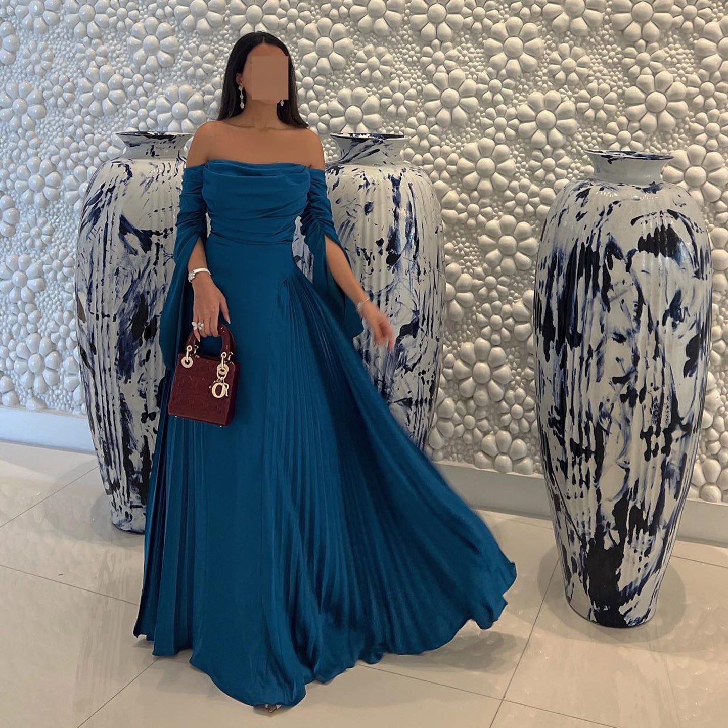 Elegant Blue Off-Shoulder Long Sleeves Evening Dress SF073