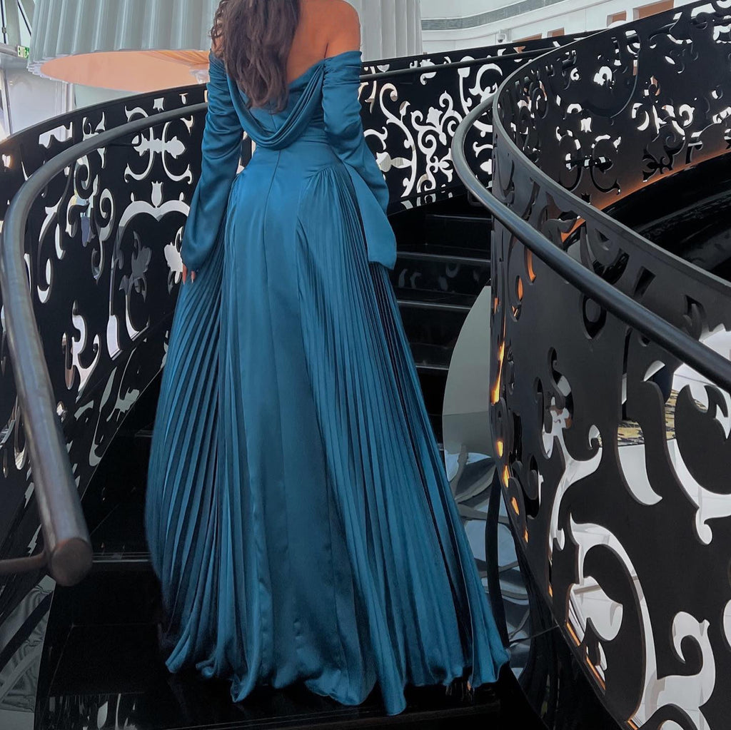 Elegant Blue Off-Shoulder Long Sleeves Evening Dress SF073