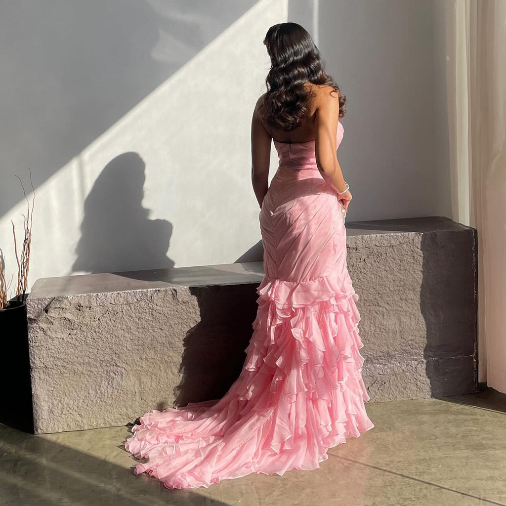 Elegant Light Pink Strapless Tiered Ruffles Mermaid Evening Dress SF077