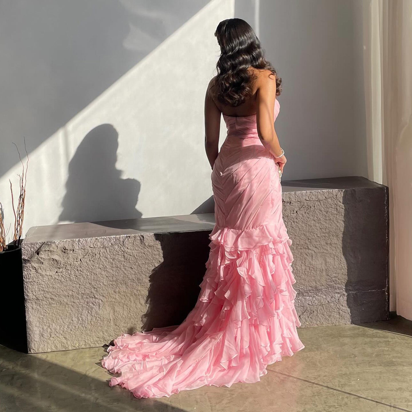 Elegant Light Pink Strapless Tiered Ruffles Mermaid Evening Dress SF077