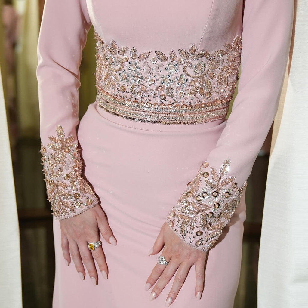 Elegant Pink Beaded Waist Long Sleeve Fitted Evening Dress SS525