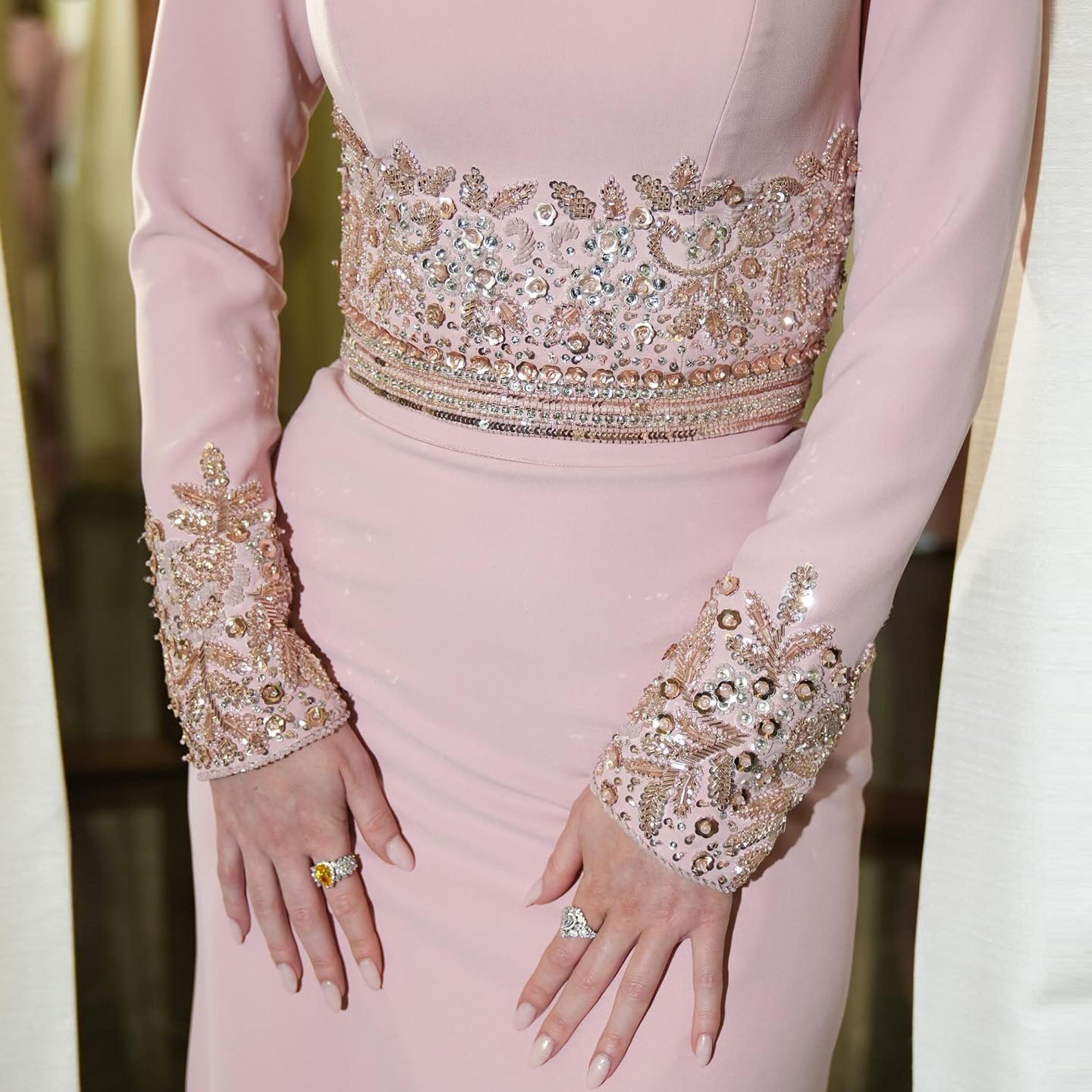 Elegant Pink Beaded Waist Long Sleeve Fitted Evening Dress SS525
