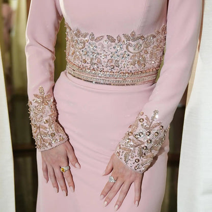Luxury Pink Long Sleeve Beaded Waist Fitted Evening Dress SS525