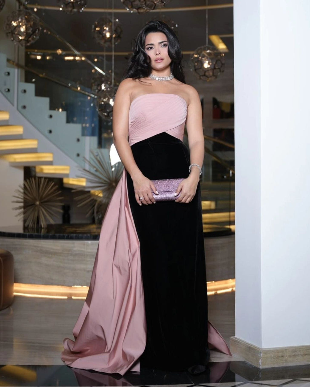 Elegant Strapless Pink&Black Evening Dress with Overskirt SF594