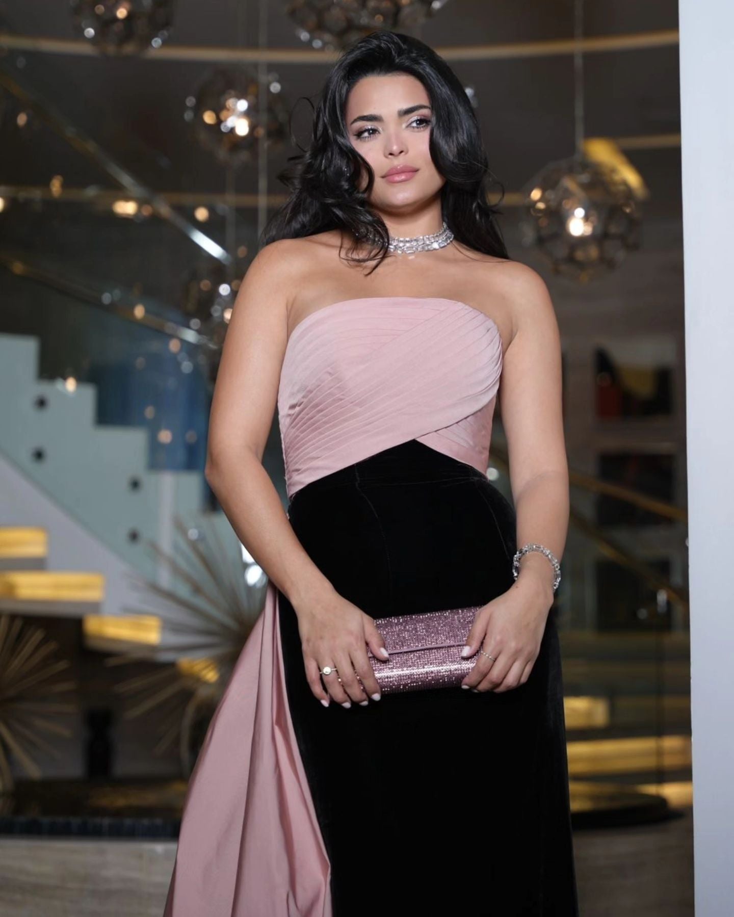 Elegant Strapless Pink&Black Evening Dress with Overskirt SF594