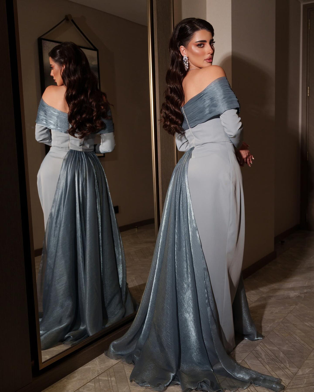 Elegant Off Shoulder Blue Pleats Evening Dress with Overskirt SF526