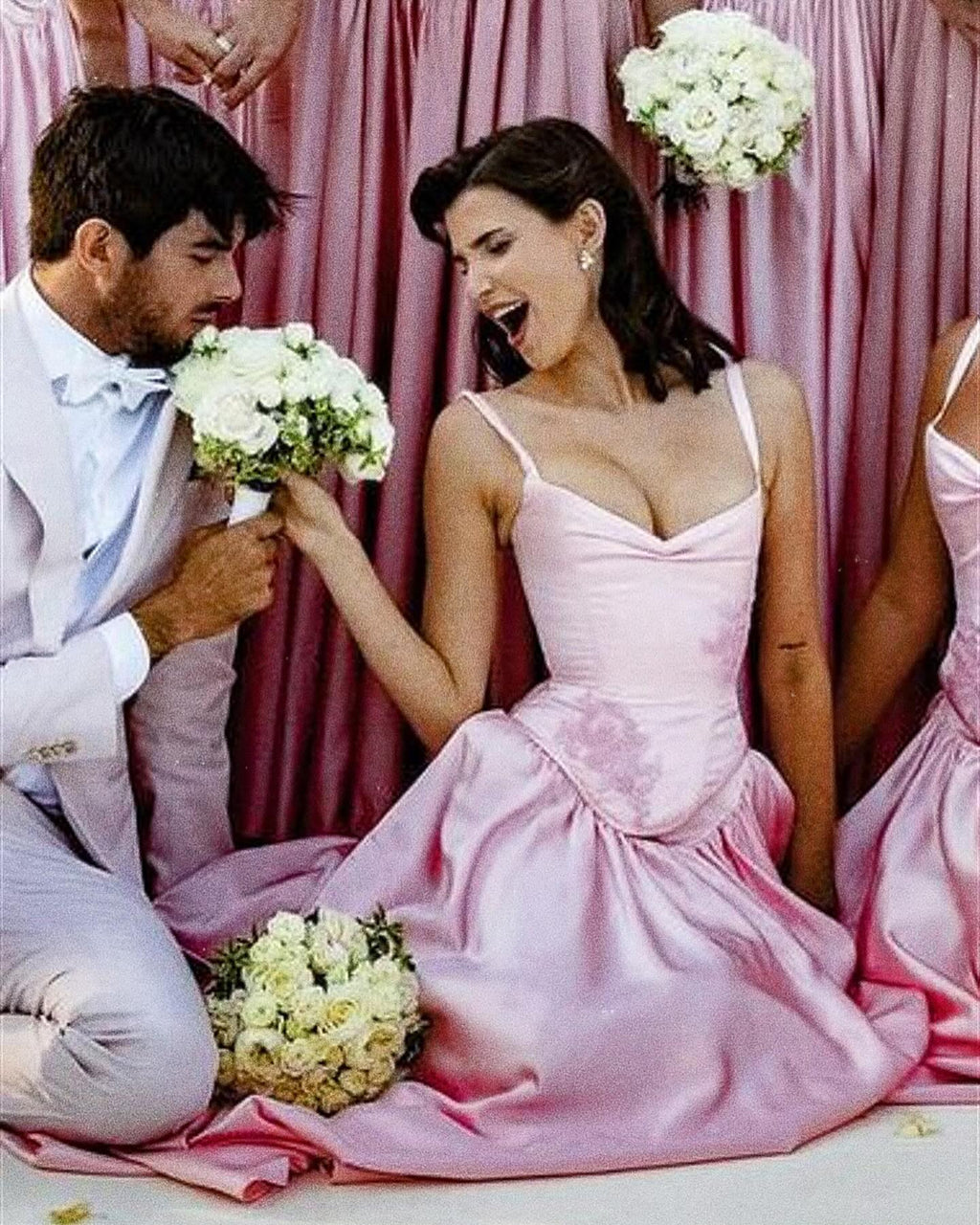 Luxury Pink Satin Spaghetti Strap Embroidery Evening Dress SF450