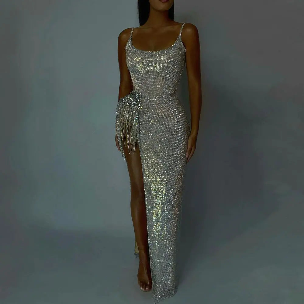 Luxury Crystal Tassels Spaghetti High Slit Cocktail Dress RM019
