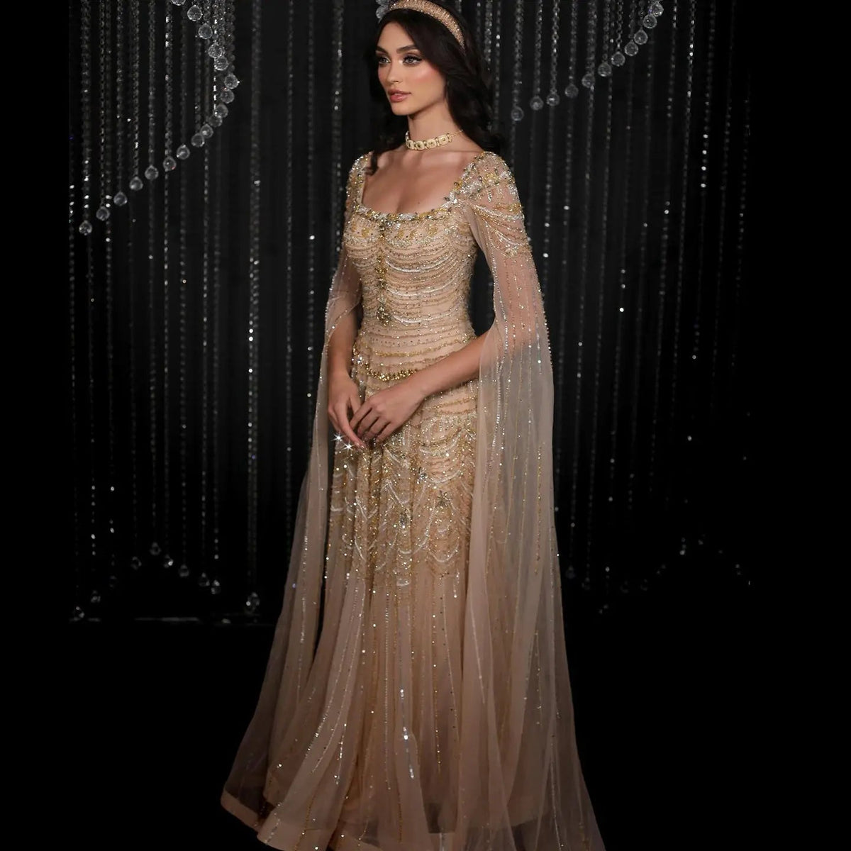 Luxury Beaded Caramel Evening Dress with Cape Sleeve SS591