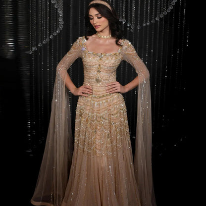 Luxury Beaded Caramel Evening Dress with Cape Sleeve SS591