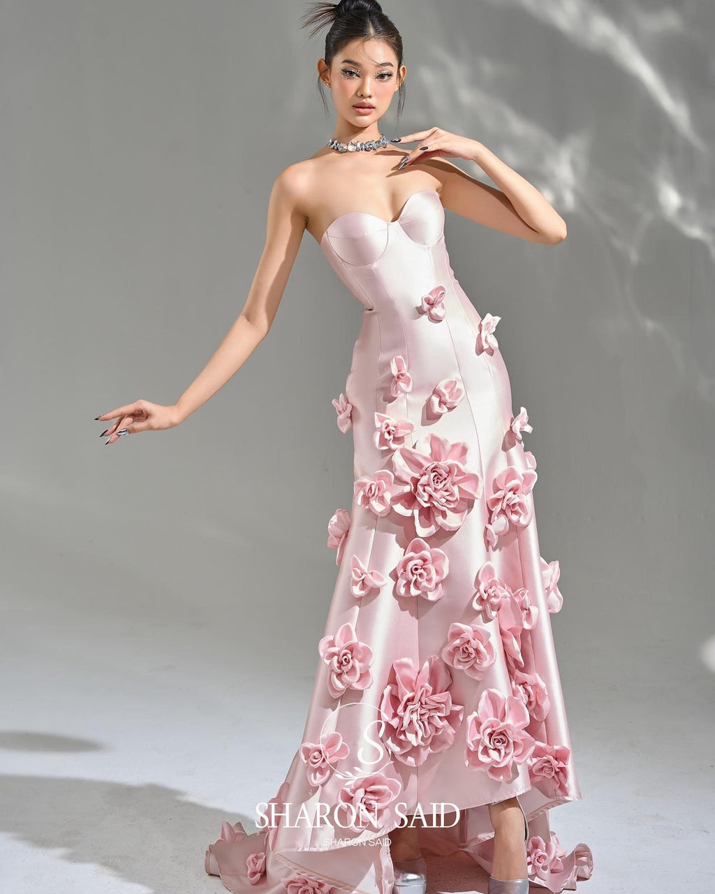 Elegant Pink 3D Flowers Strapless Evening Dress SF025