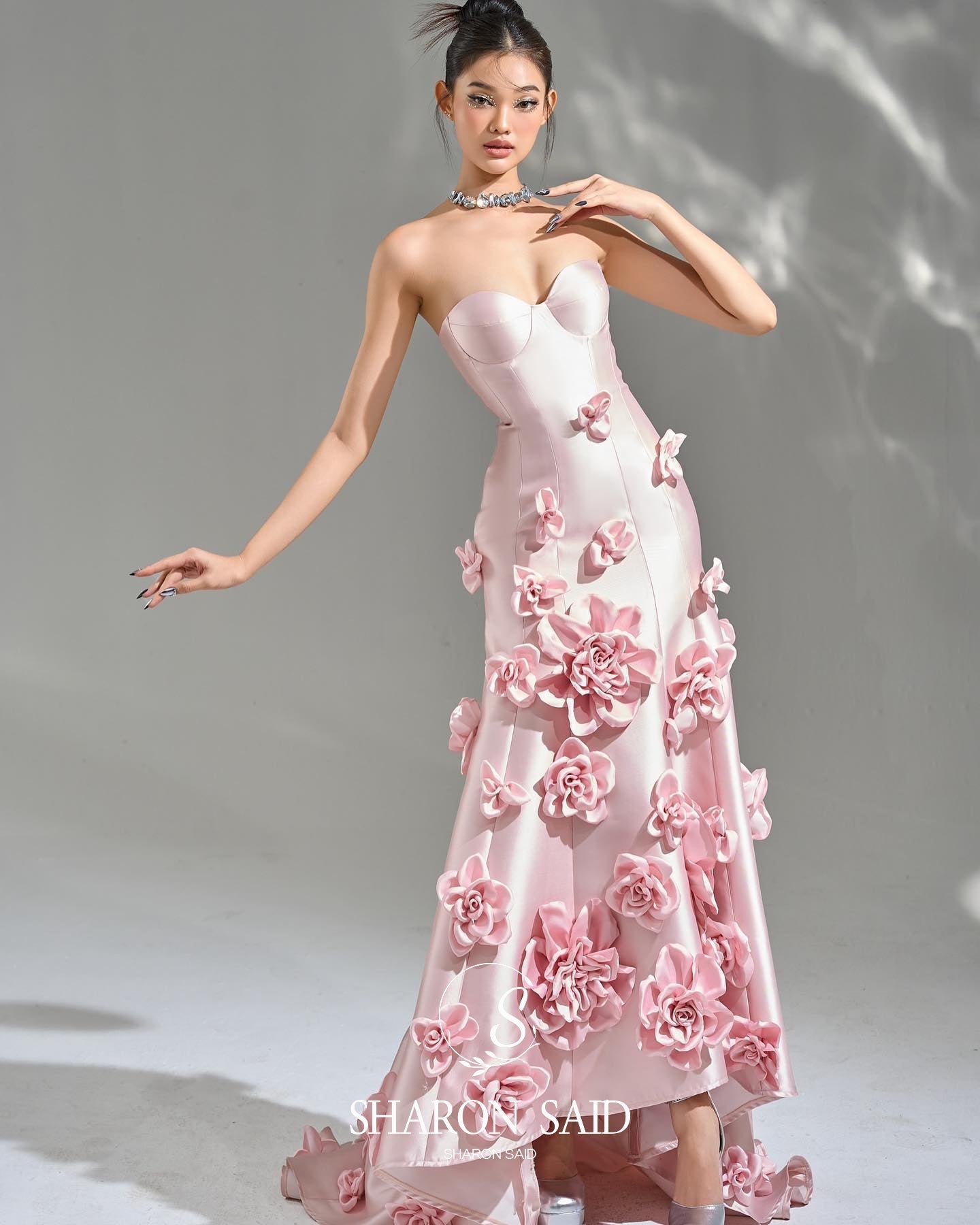 Elegant Pink 3D Flowers Strapless Evening Dress SF025
