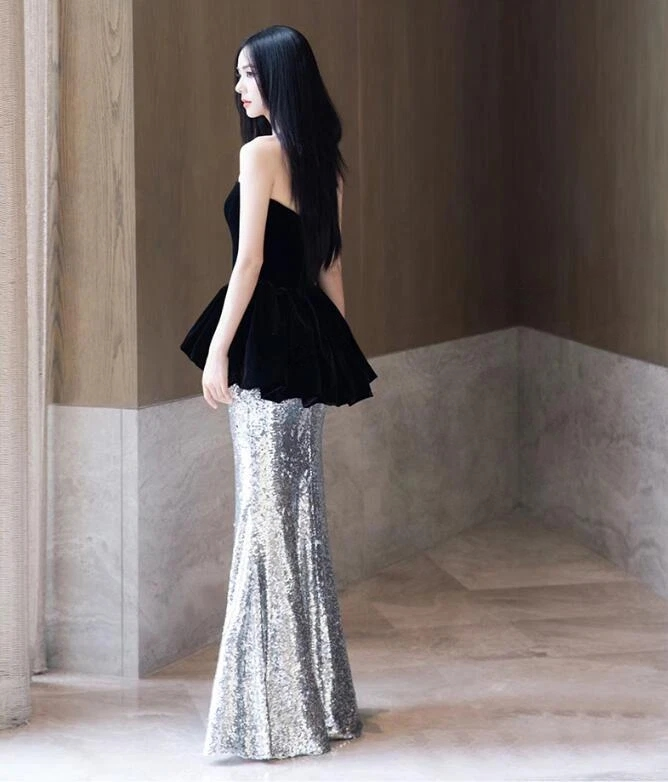 Edgy Black Silver Velvet Deep V-Neck Peplum Sequin Evening Dress SF425
