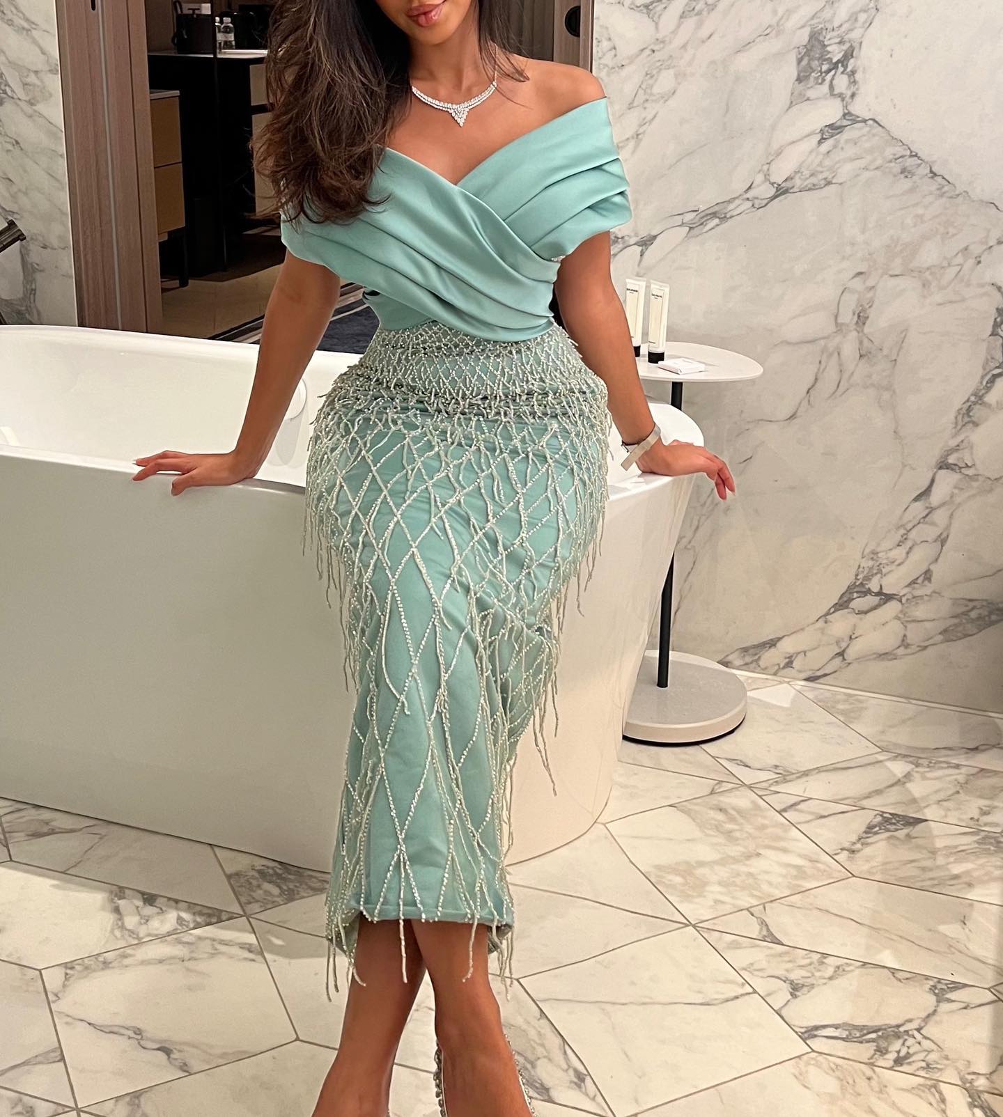 Elegant Tassel Sage Green Off Shoulder Evening Dress SS667