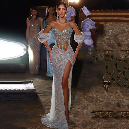 Luxury Crystal Silver Evening Dress with Sleeves Slit SS426