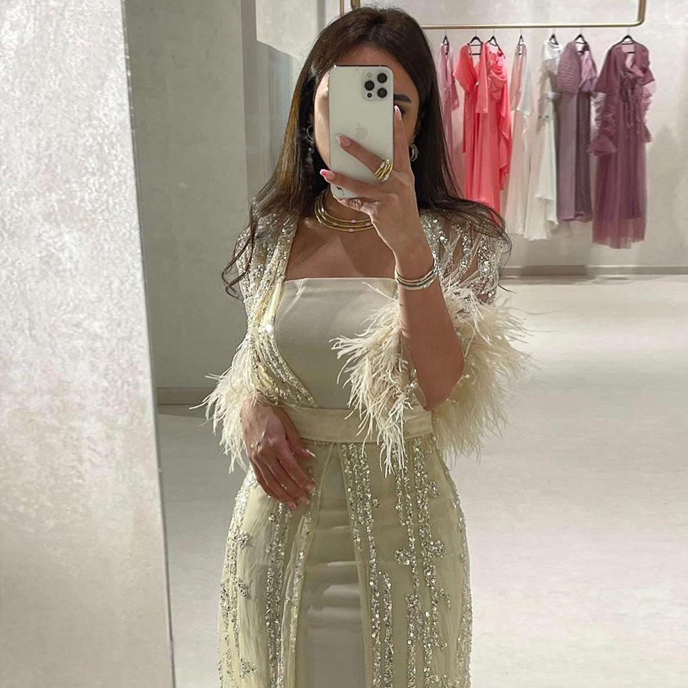 Elegant Yellow Feathers 2 Piece Evening Dress SS430