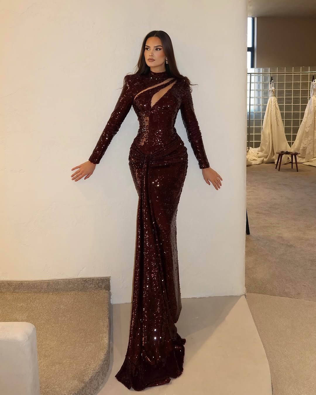 Sexy Red Long Sleeves Sequin Mermaid Evening Dress SF352