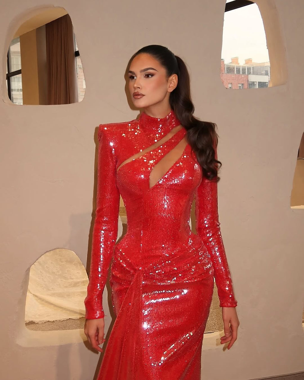 Sexy Red Long Sleeves Sequin Mermaid Evening Dress SF352