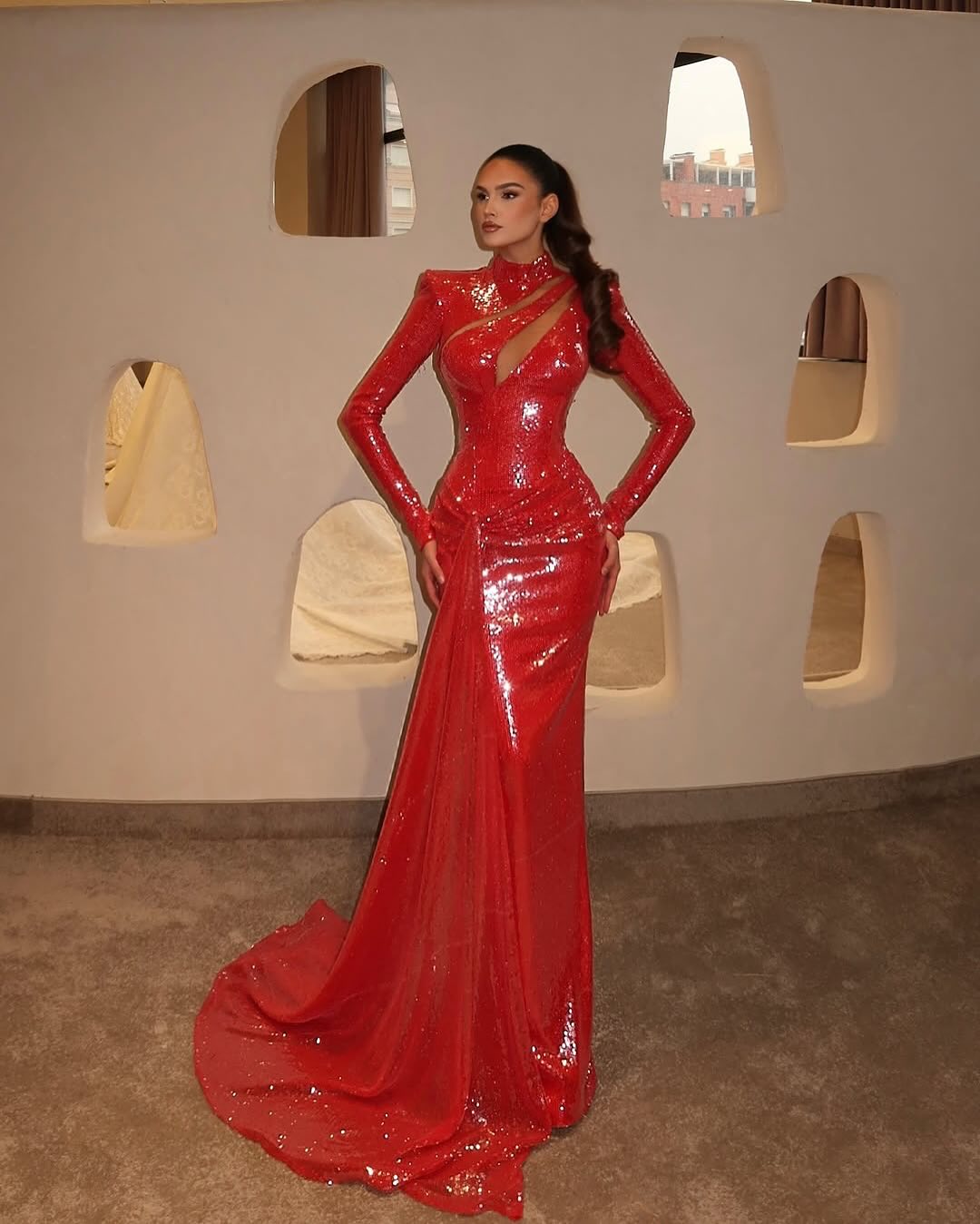 Sexy Red Long Sleeves Sequin Mermaid Evening Dress SF352