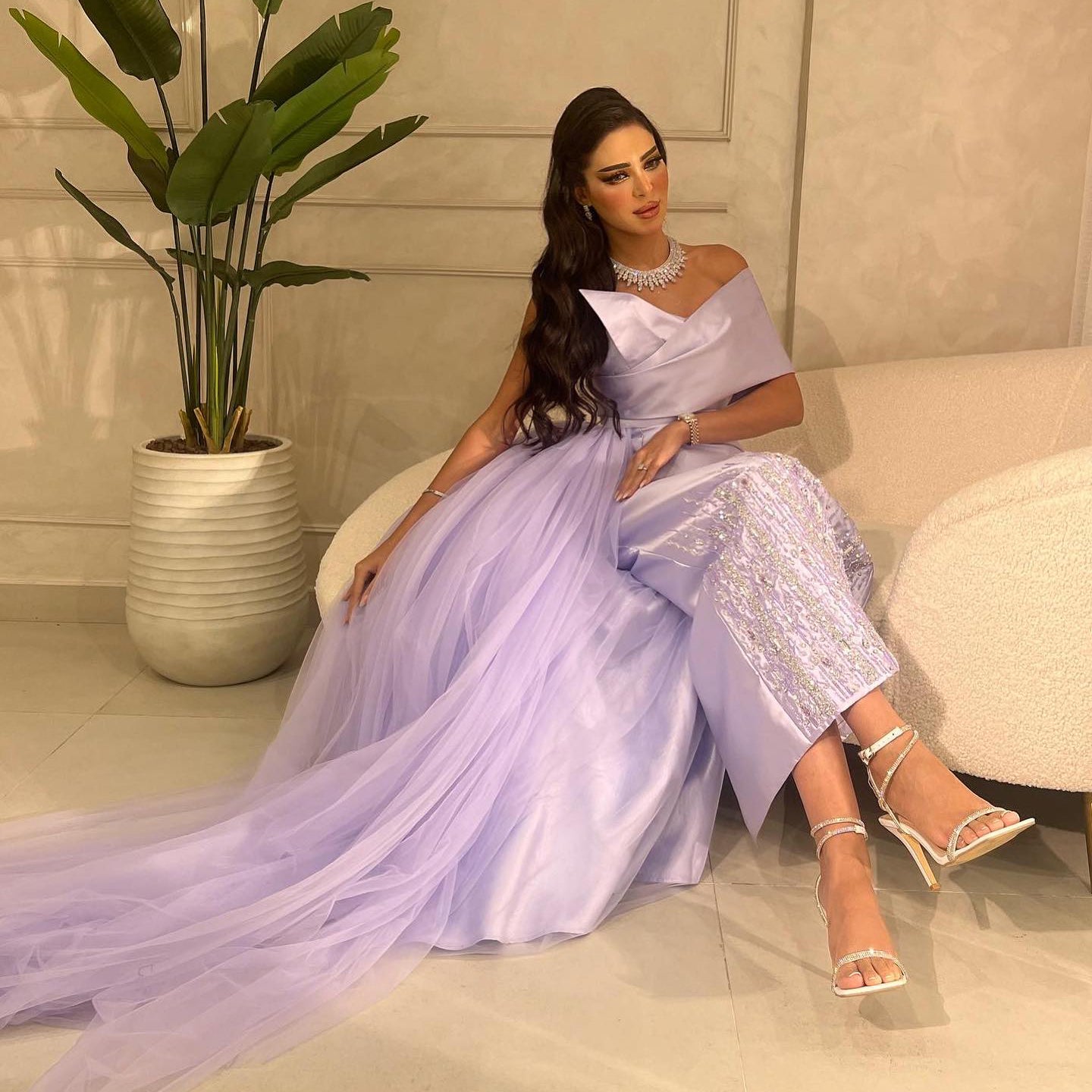 Luxury Beaded Lilac One Shoulder Evening Dress with Overskirt SS405