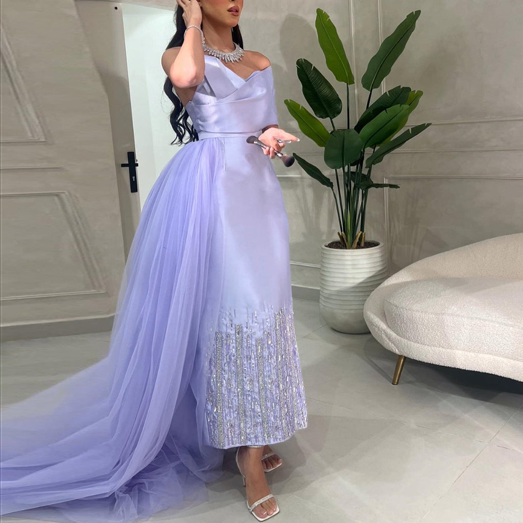 Luxury Beaded Lilac One Shoulder Evening Dress with Overskirt SS405
