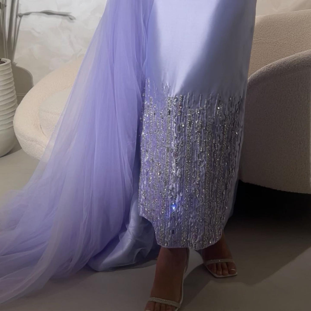 Luxury Beaded Lilac One Shoulder Evening Dress with Overskirt SS405