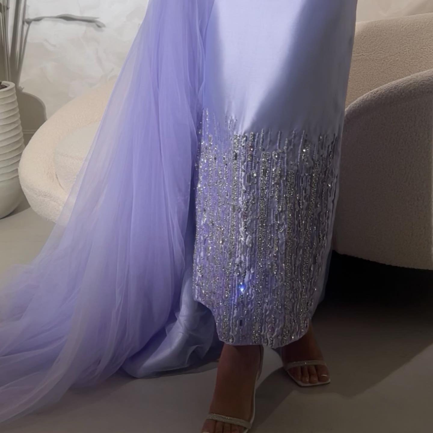 Luxury Beaded Lilac One Shoulder Evening Dress with Overskirt SS405