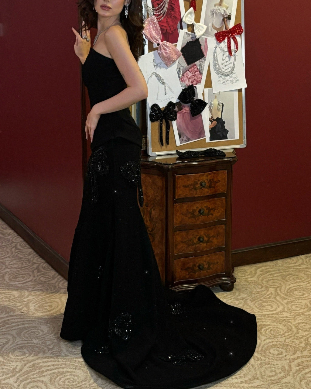 Stunning Strapless Black Evening Dress with Butterfly Beaded SF517
