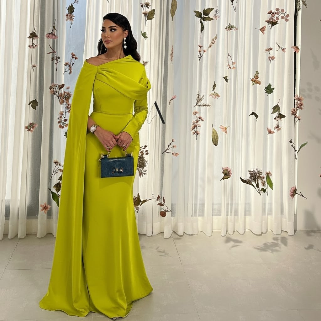 Elegant Fuchsia One Shoulder Evening Dress with Cape SF074