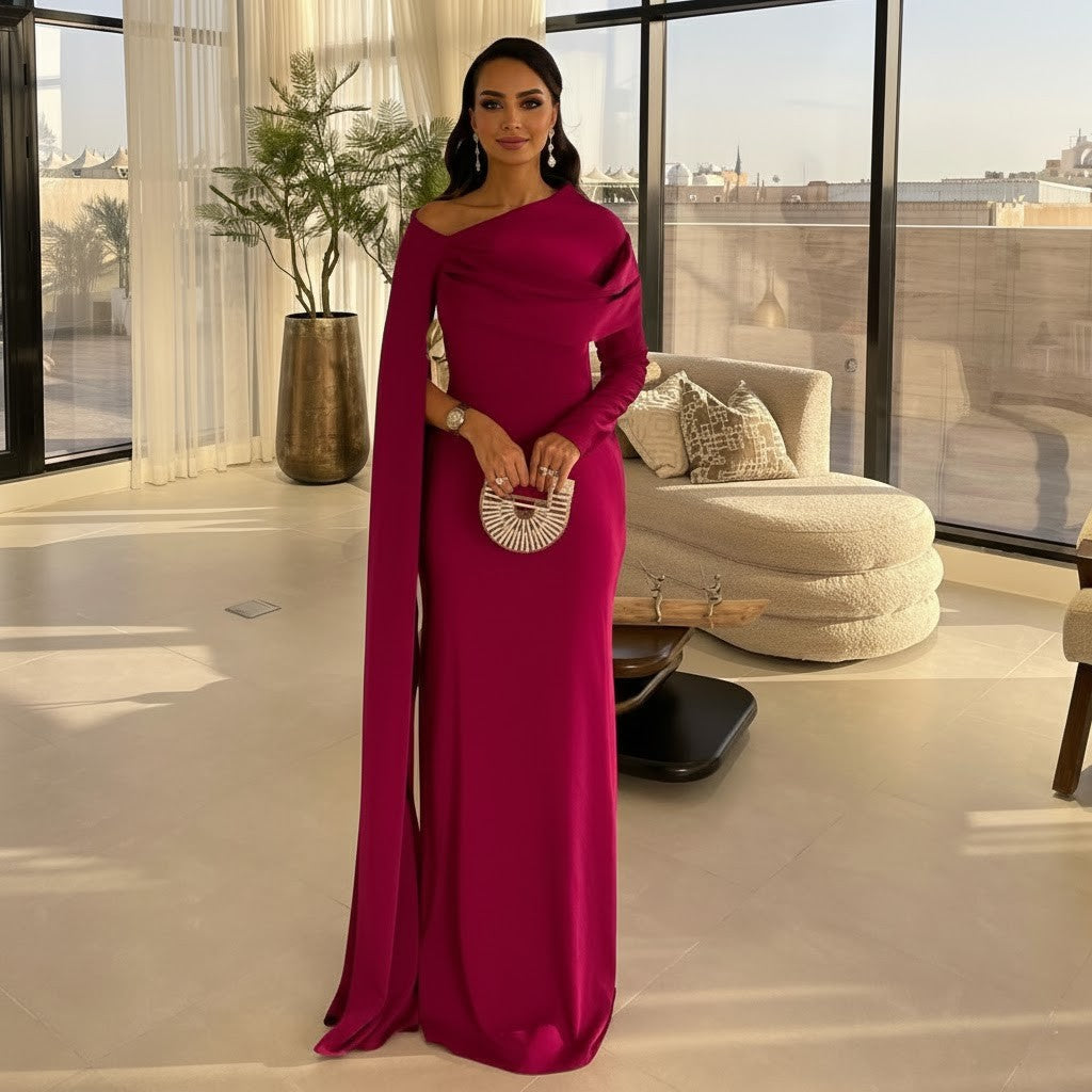 Elegant Fuchsia One Shoulder Evening Dress with Cape SF074