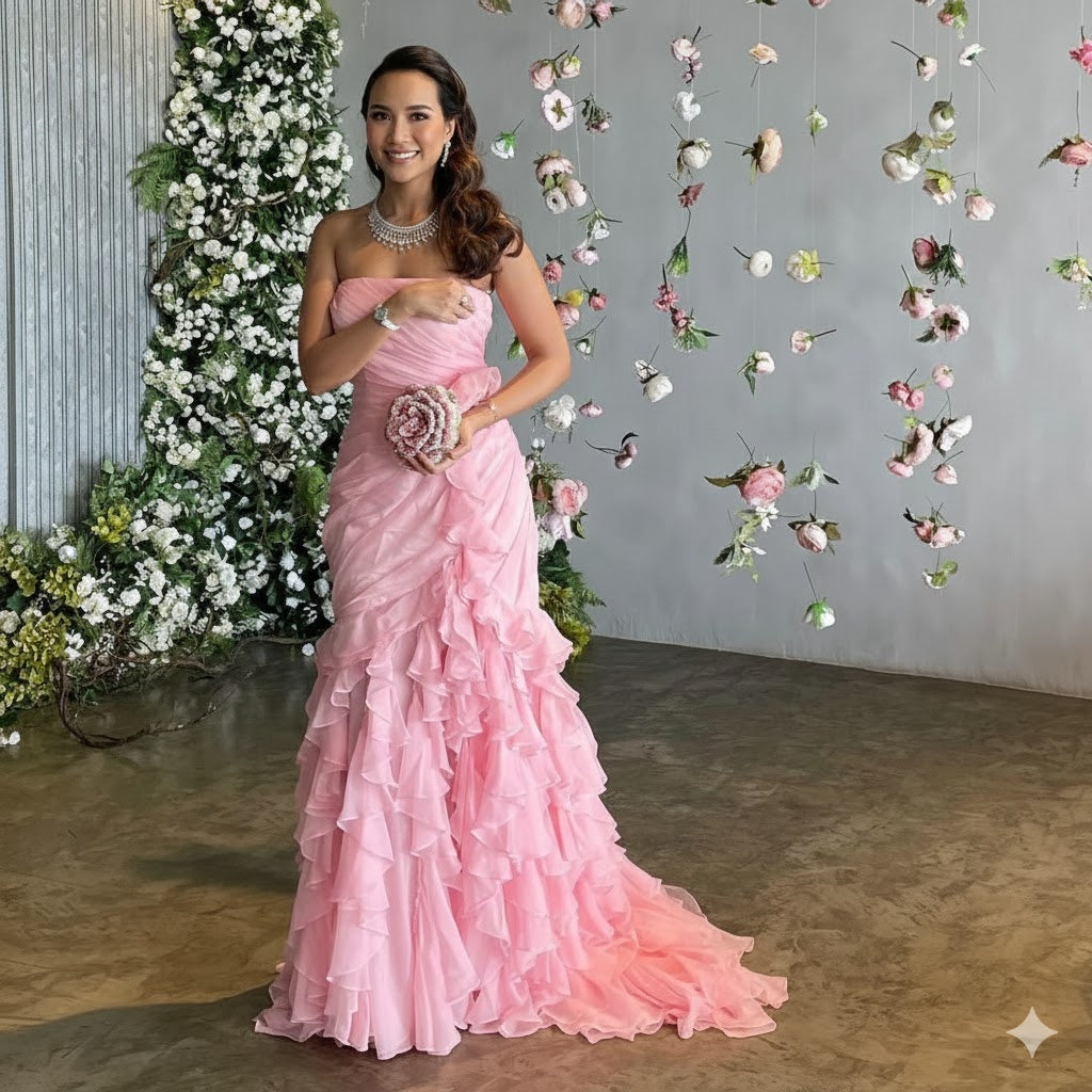 Elegant Light Pink Strapless Tiered Ruffles Mermaid Evening Dress SF077