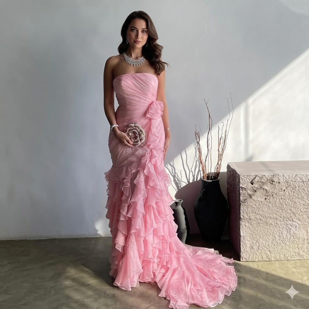 Elegant Light Pink Strapless Tiered Ruffles Mermaid Evening Dress SF077