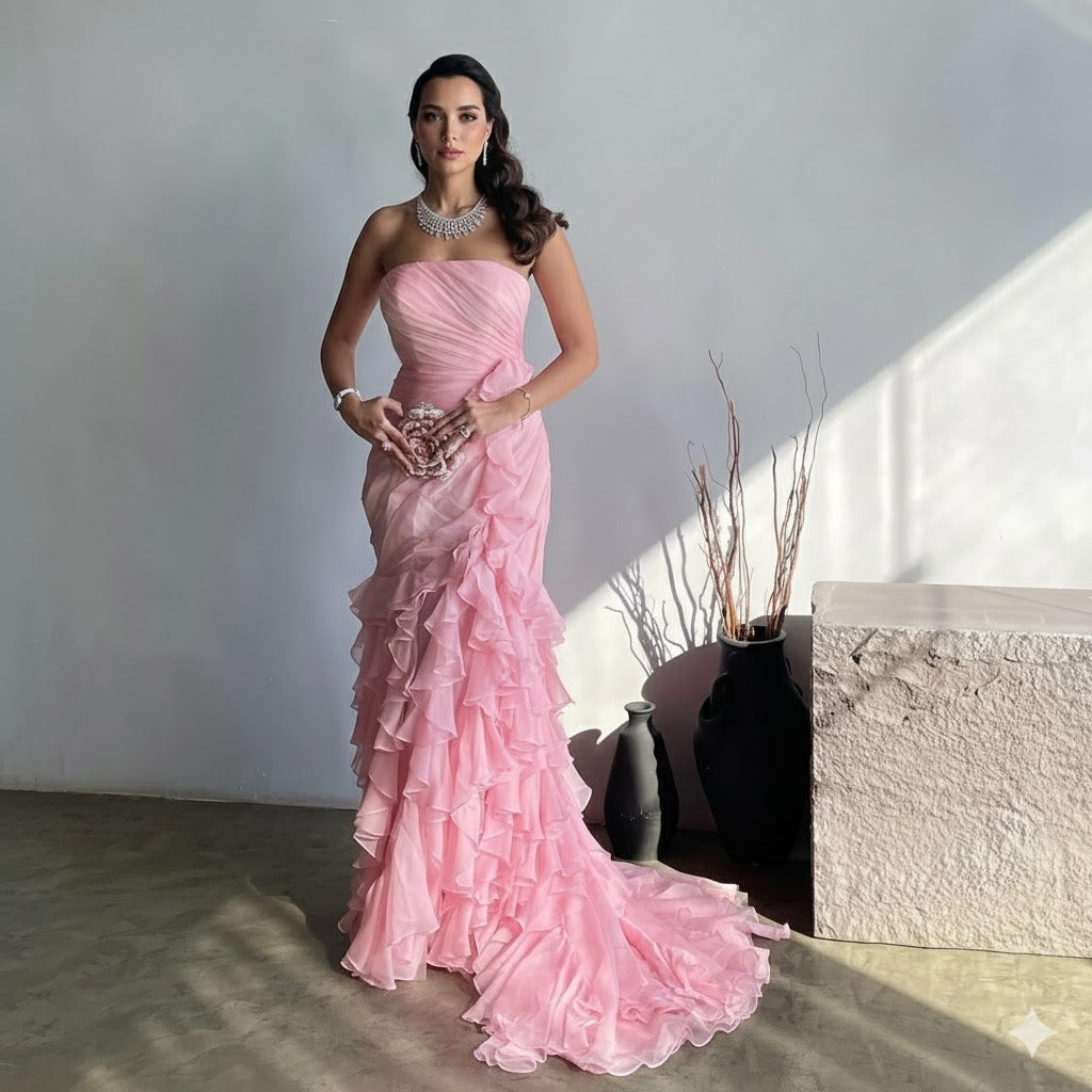 Elegant Light Pink Strapless Tiered Ruffles Mermaid Evening Dress SF077