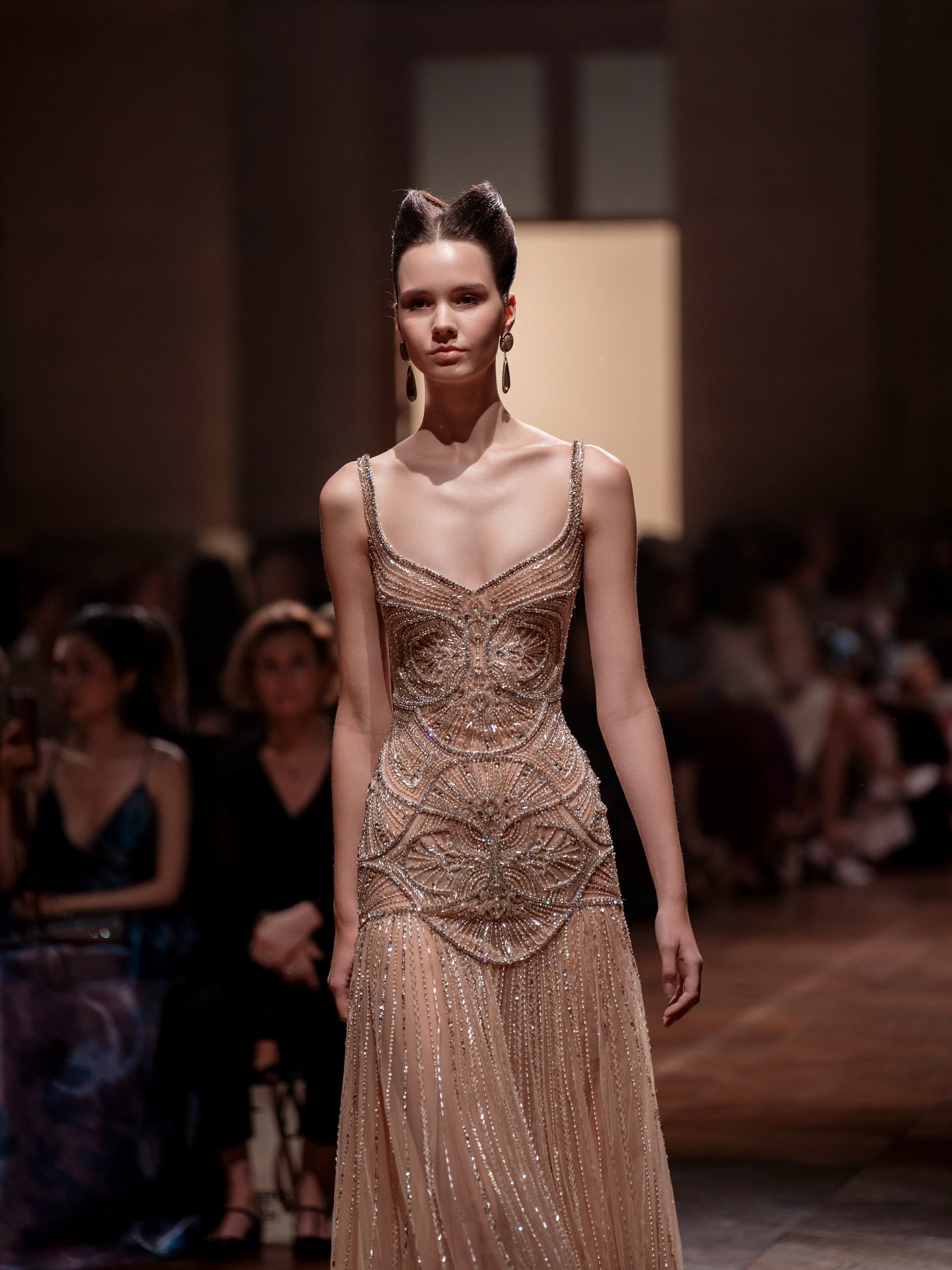 Elegant Champagne Ruffled Beaded Evening Dress SS552