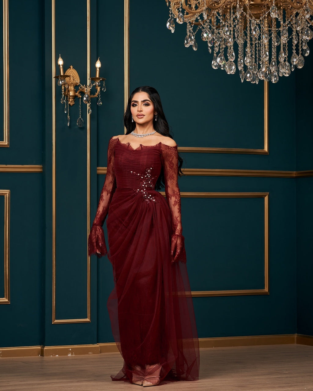 Luxury Beaded Burgundy Strapless Pleats Evening Dress SF456