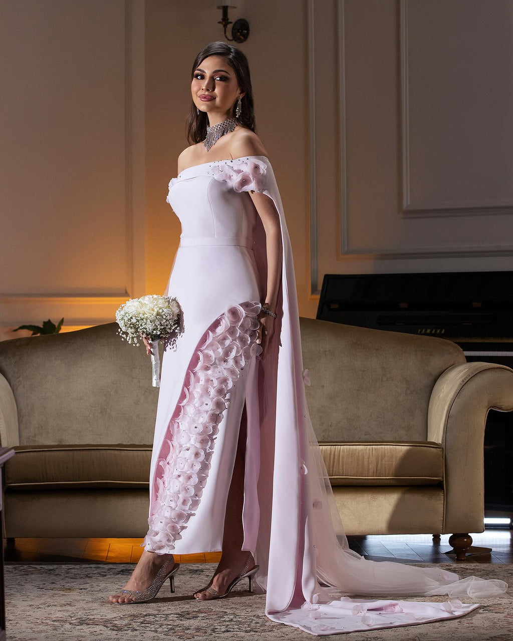 Blush Pink 3D Flowers Arabic Evening Dress with Cape SS281