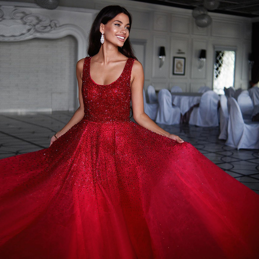 Sparkly Crystal Burgundy A-Line Scoop Neck Evening Dresses SS208