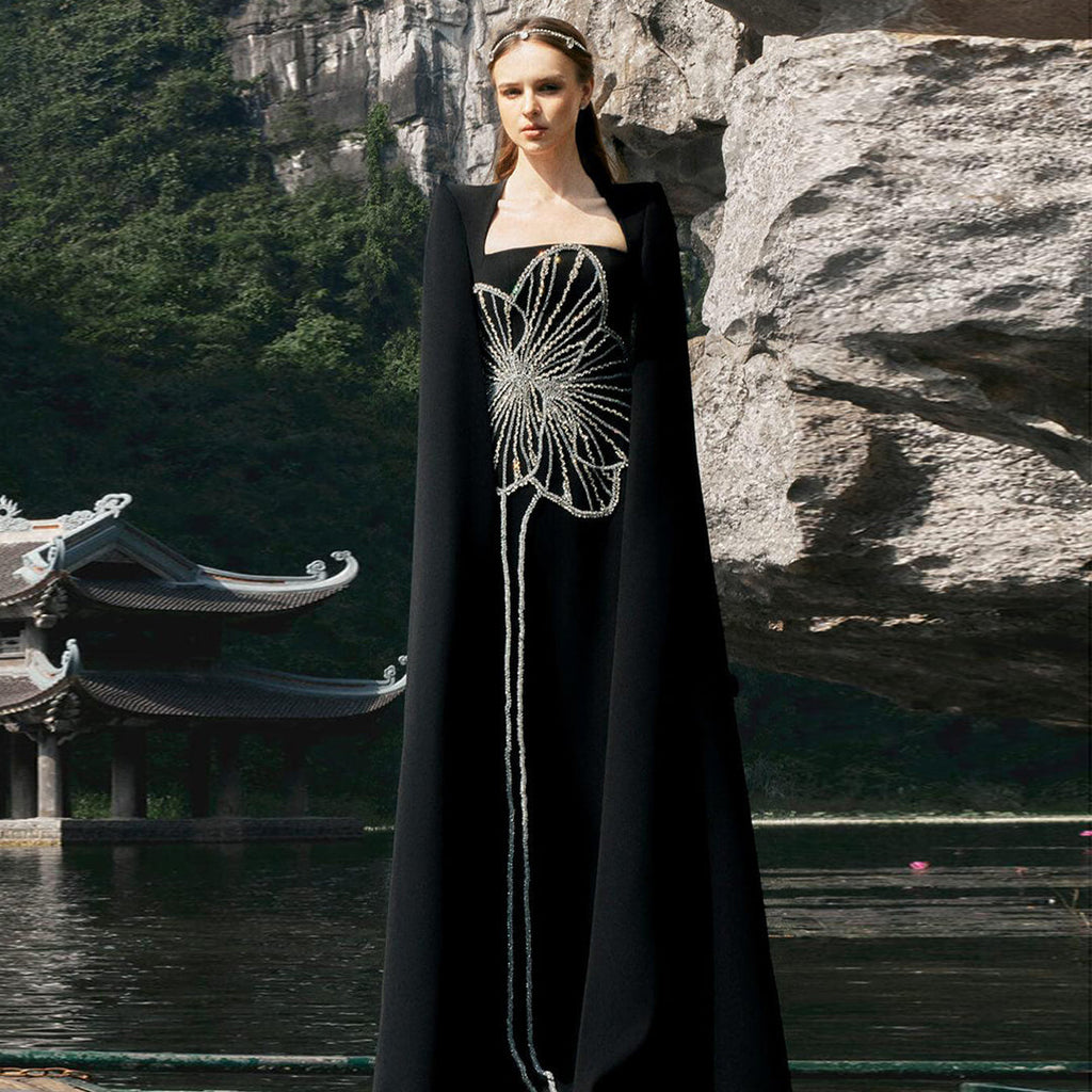 Elegant Beaded Black Long Evening Dress with Cape Sleeves SS275