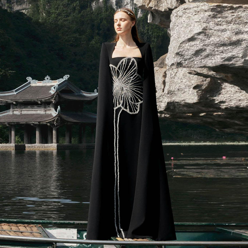 Elegant Beaded Black Long Evening Dress with Cape Sleeves SS275