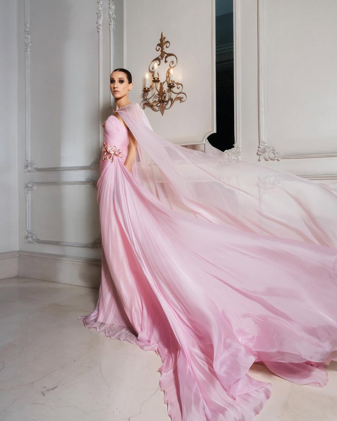 Elegant Romantic Light Pink Evening Dress with Cape SF223