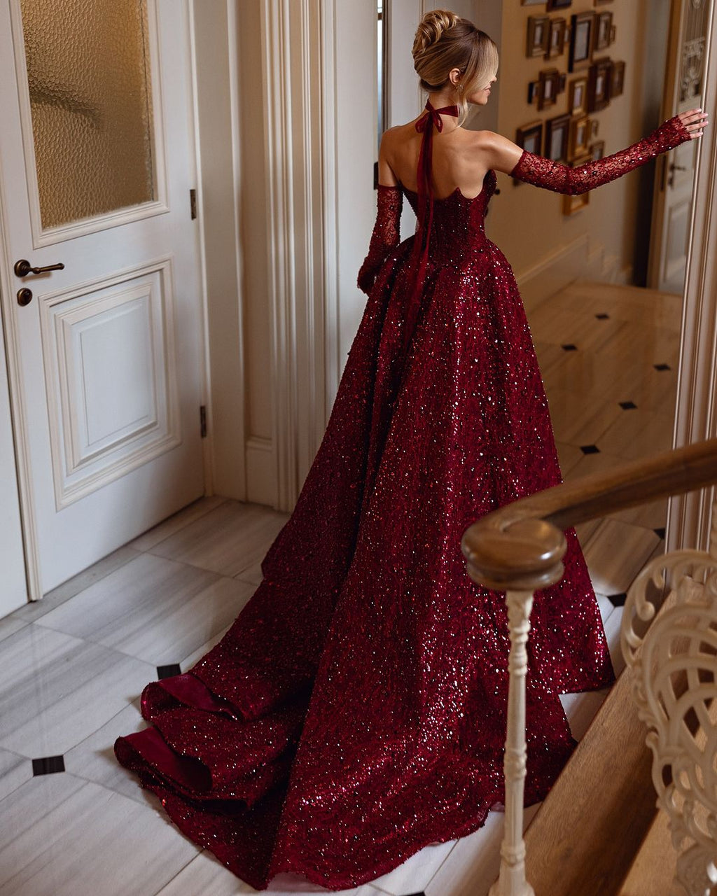 Stunning Burgundy Strapless Sequin Evening Dress with Gloves SF437