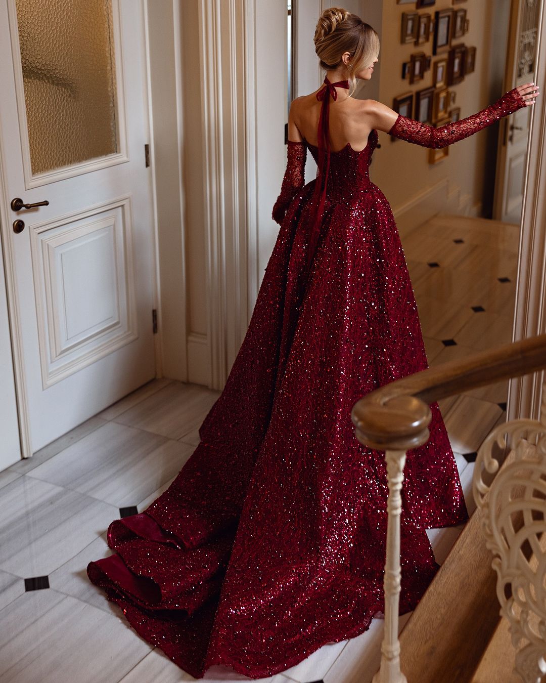 Stunning Burgundy Strapless Sequin Evening Dress with Gloves SF437