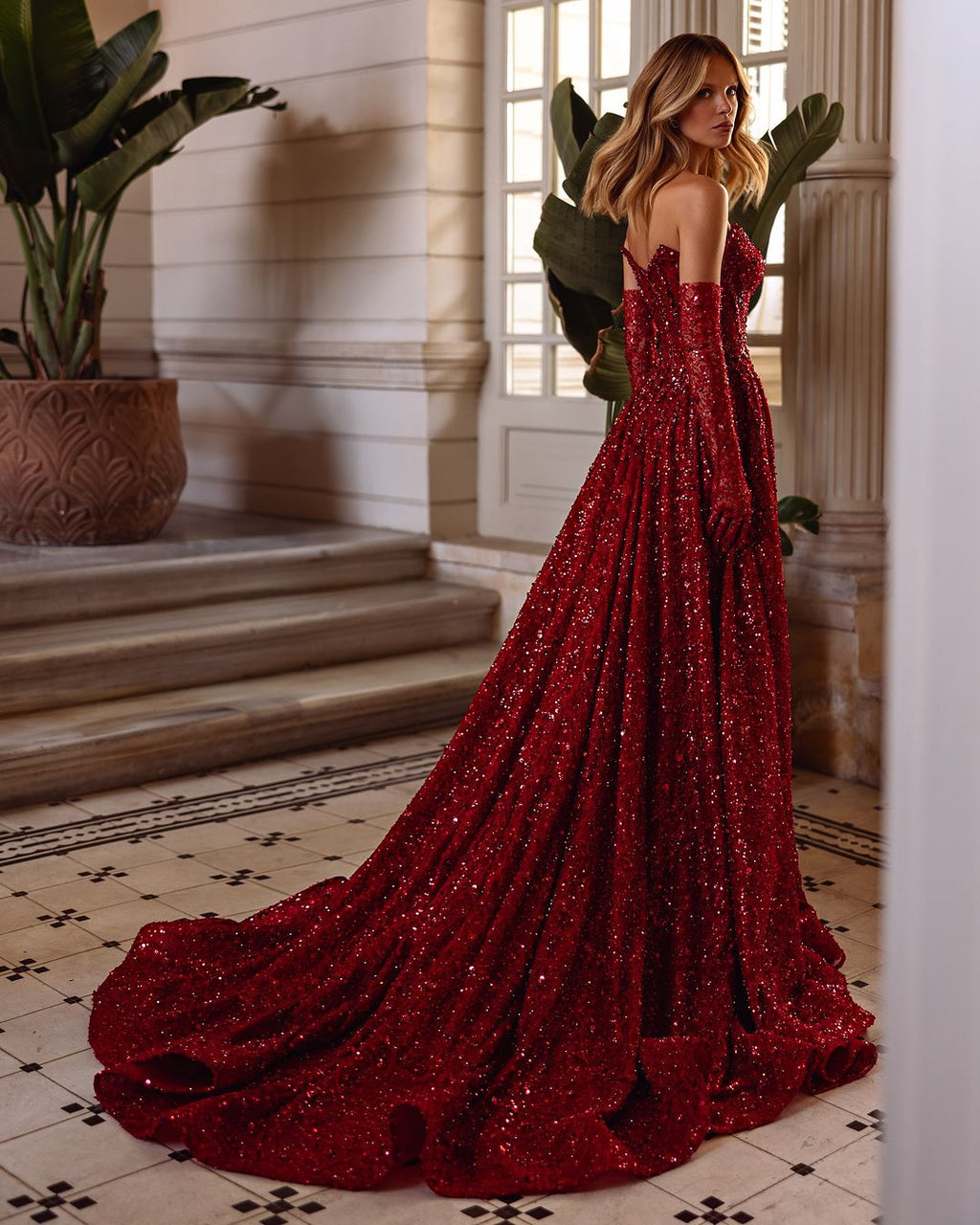 Stunning Burgundy Strapless Sequin Evening Dress with Gloves SF437