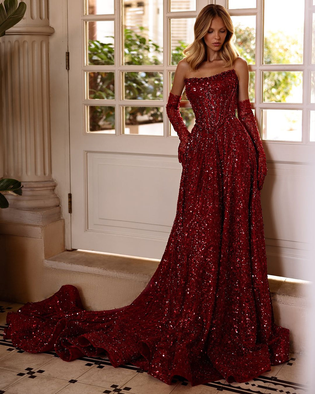 Stunning Burgundy Strapless Sequin Evening Dress with Gloves SF437