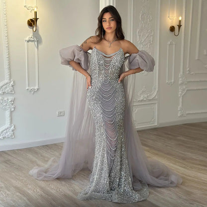 Luxury Pearls Tassel Purple Evening Dress with Cape SS289