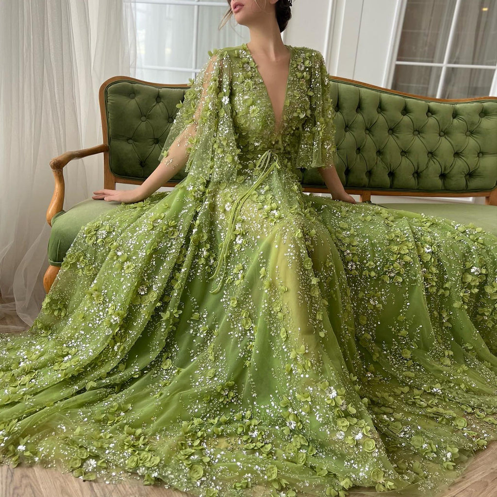 Sexy V-neck Green 3D Embroidered Flowers A-Line Evening Dress SS354